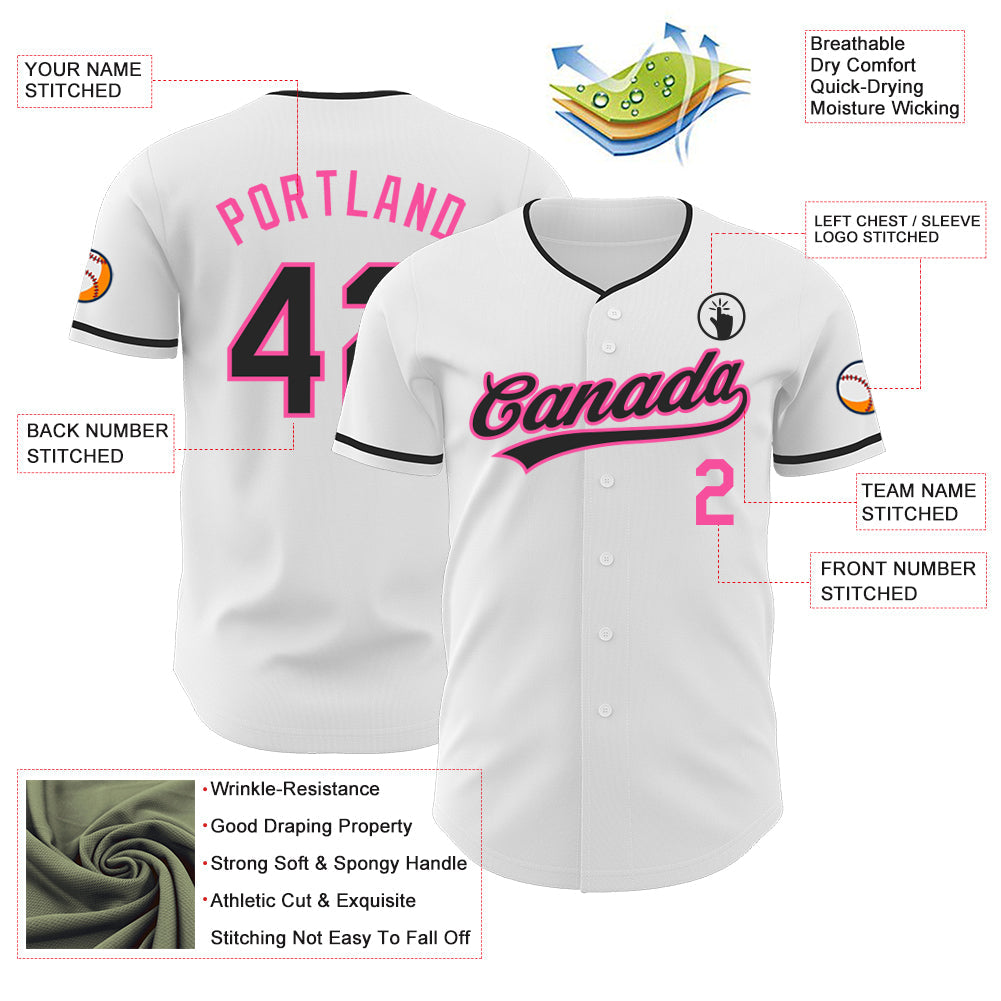 Custom White Black-Pink Authentic Baseball Jersey view 3