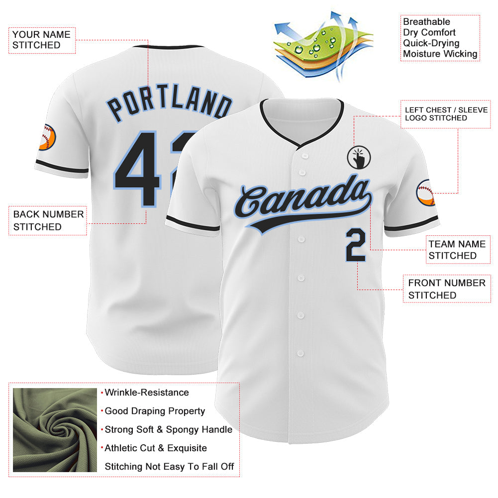 Custom White Black-Light Blue Authentic Baseball Jersey view 3