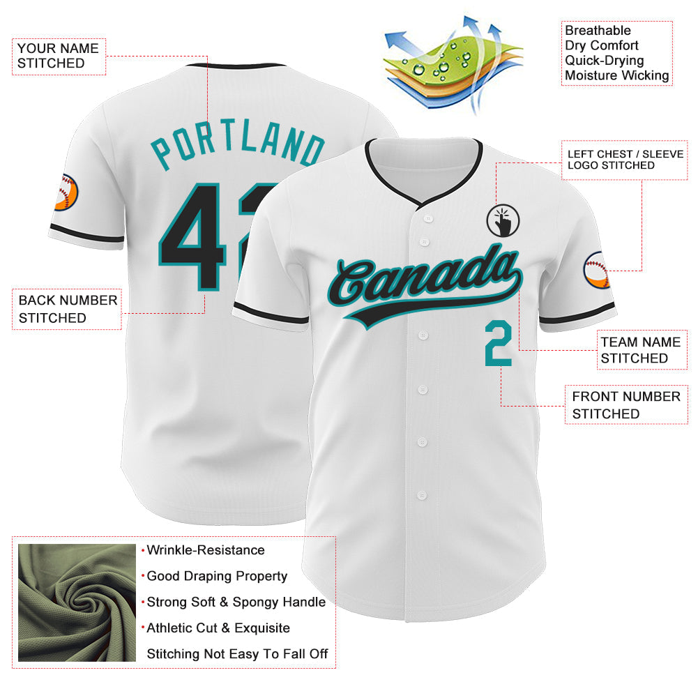 Custom White Black-Teal Authentic Baseball Jersey view 3