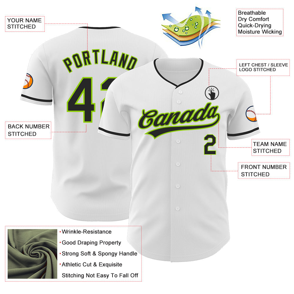 Custom White Black-Neon Green Authentic Baseball Jersey view 3