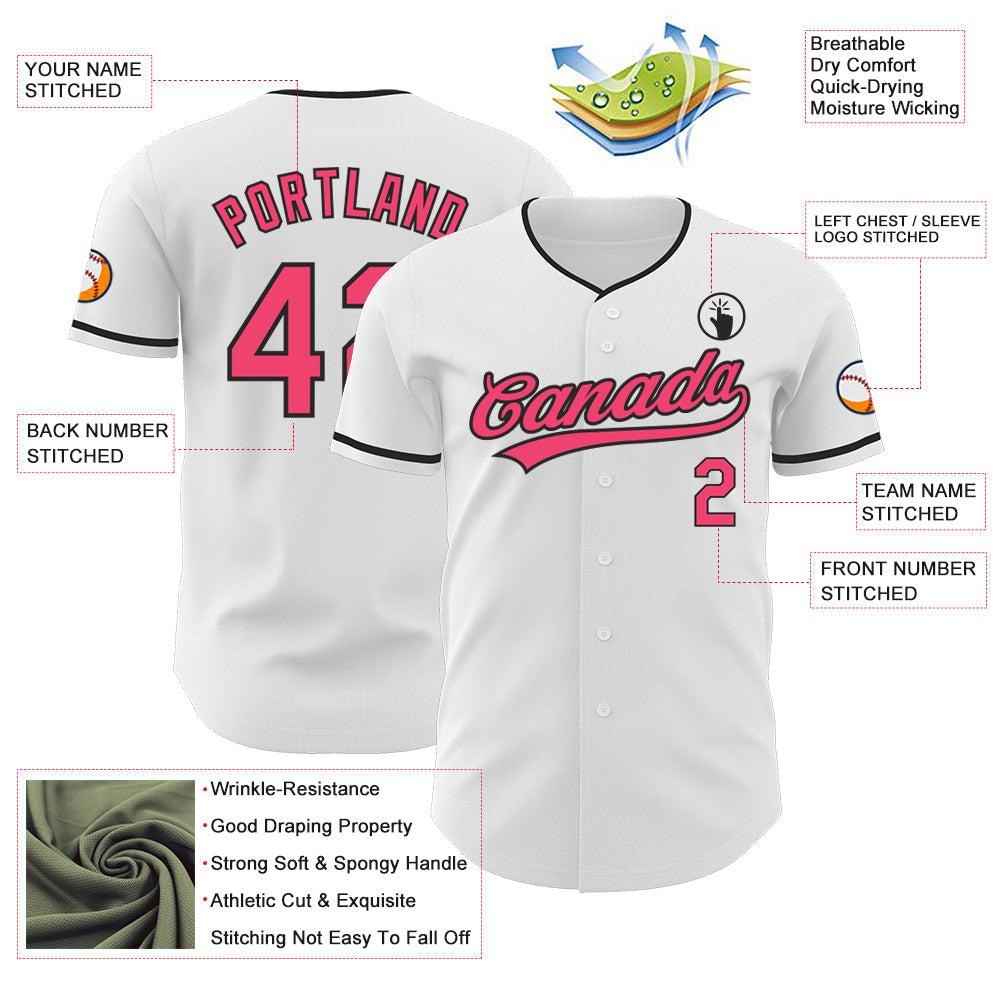 Custom White Neon Pink-Black Authentic Baseball Jersey view 3