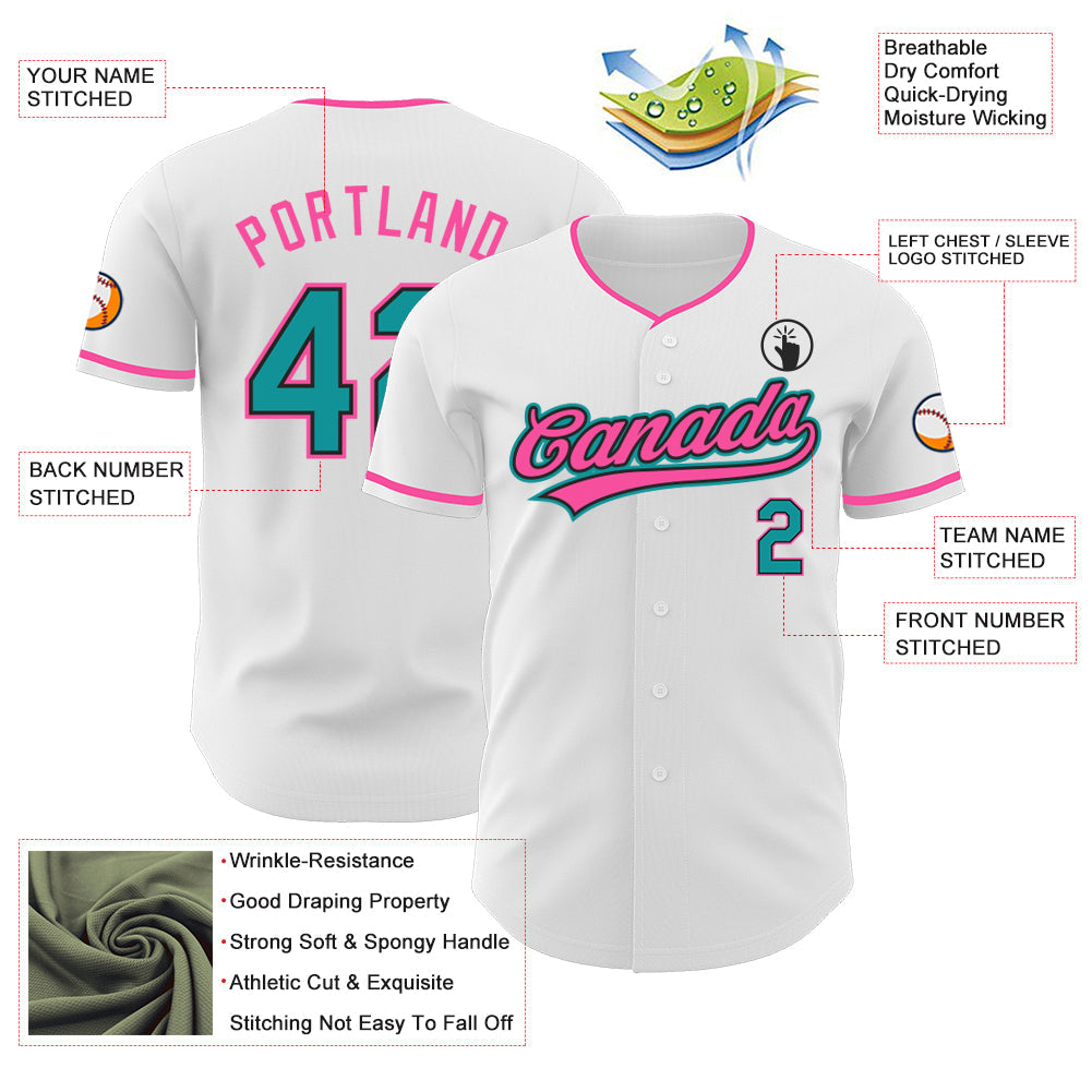 Custom White Teal Black-Pink Authentic Baseball Jersey view 3