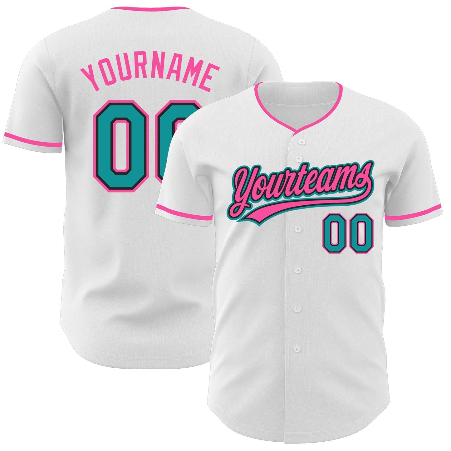 Custom White Teal Black-Pink Authentic Baseball Jersey - Main View