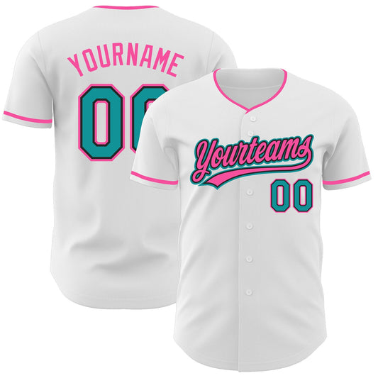 Custom White Teal Black-Pink Authentic Baseball Jersey - Main View