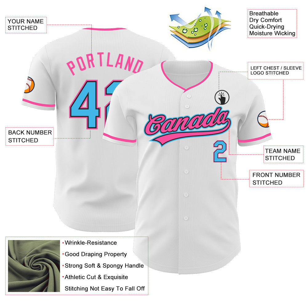Custom White Sky Blue Black-Pink Authentic Baseball Jersey view 3