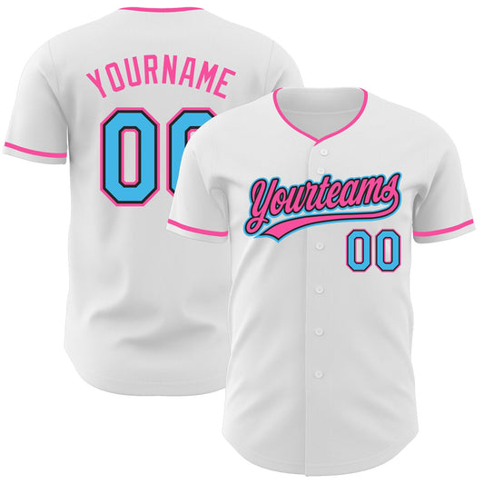 Custom White Sky Blue Black-Pink Authentic Baseball Jersey - Main View