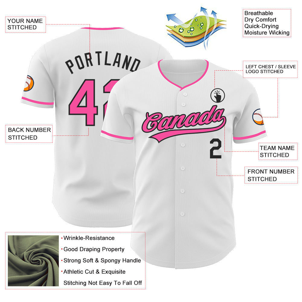 Custom White Pink-Black Authentic Baseball Jersey view 3
