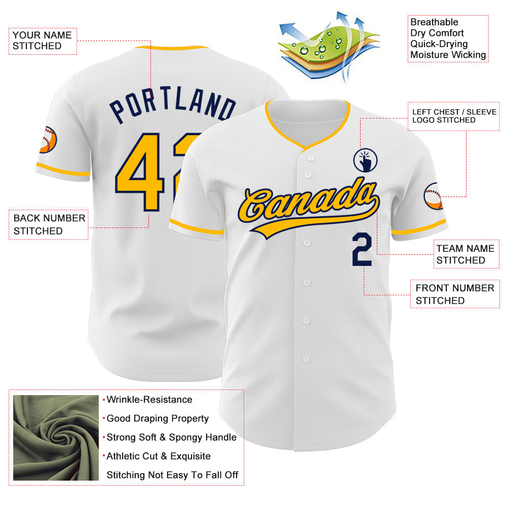 Custom White Gold-Navy Authentic Baseball Jersey view 3