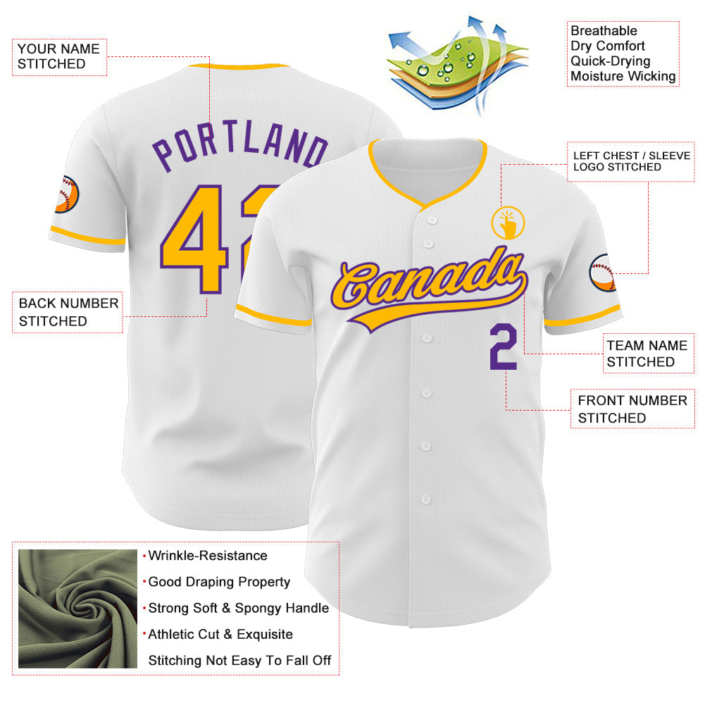 Custom White Gold-Purple Authentic Baseball Jersey view 3