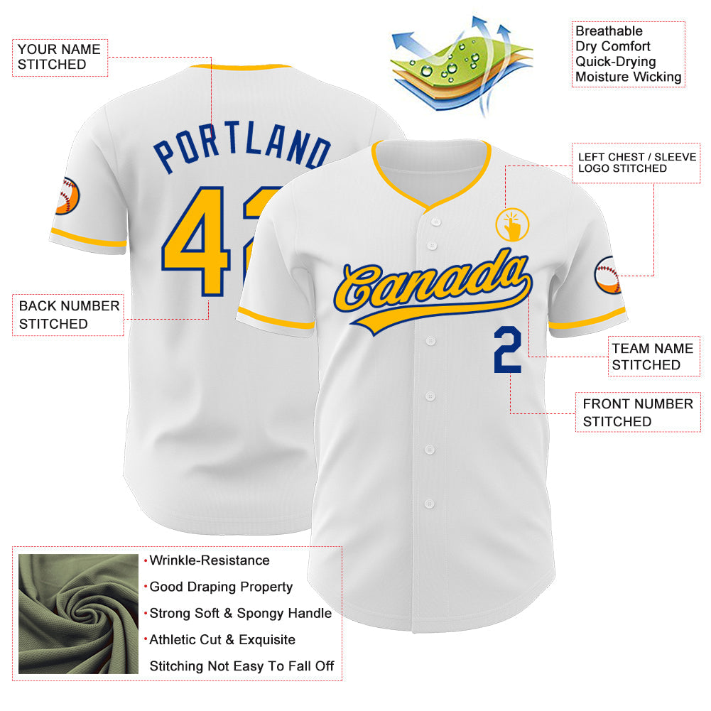 Custom White Gold-Royal Authentic Baseball Jersey view 3