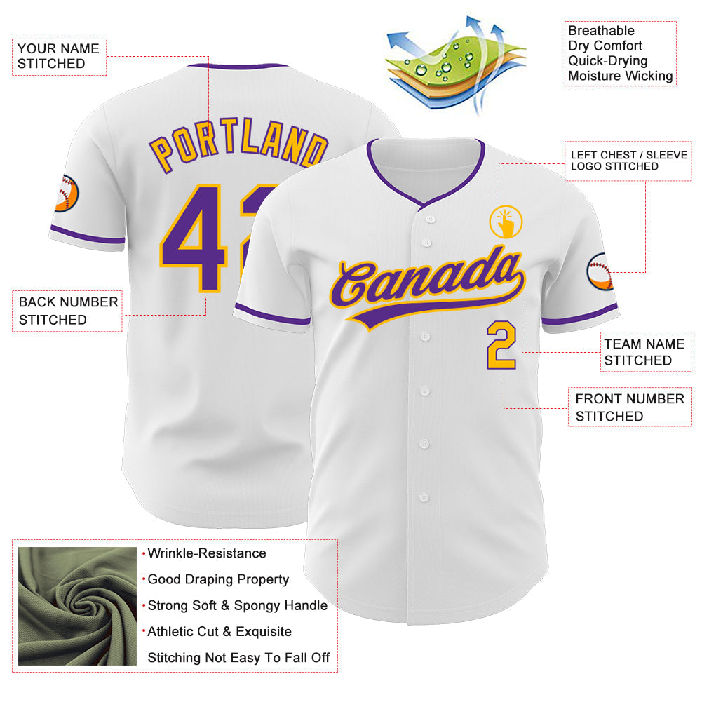 Custom White Purple-Gold Authentic Baseball Jersey view 3