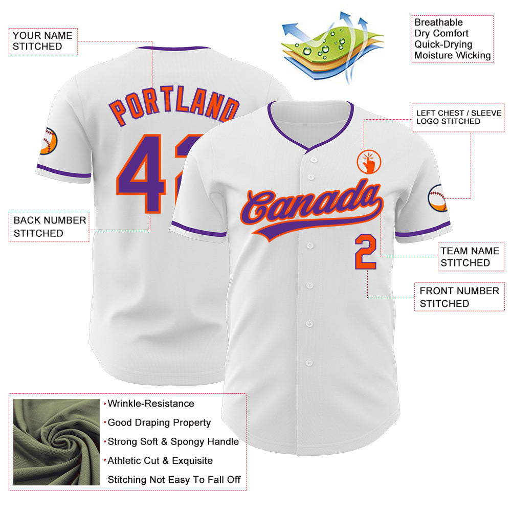 Custom White Purple-Orange Authentic Baseball Jersey view 3