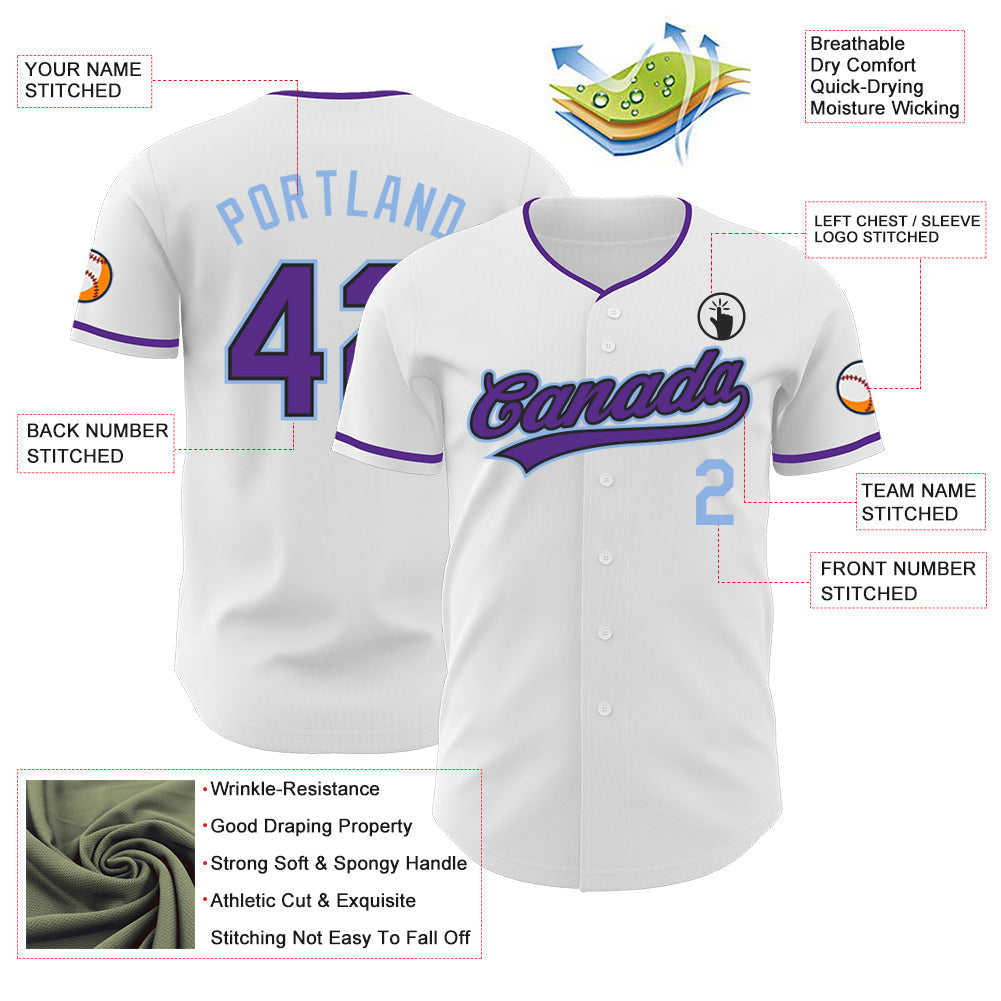 Custom White Purple Black-Light Blue Authentic Baseball Jersey view 3