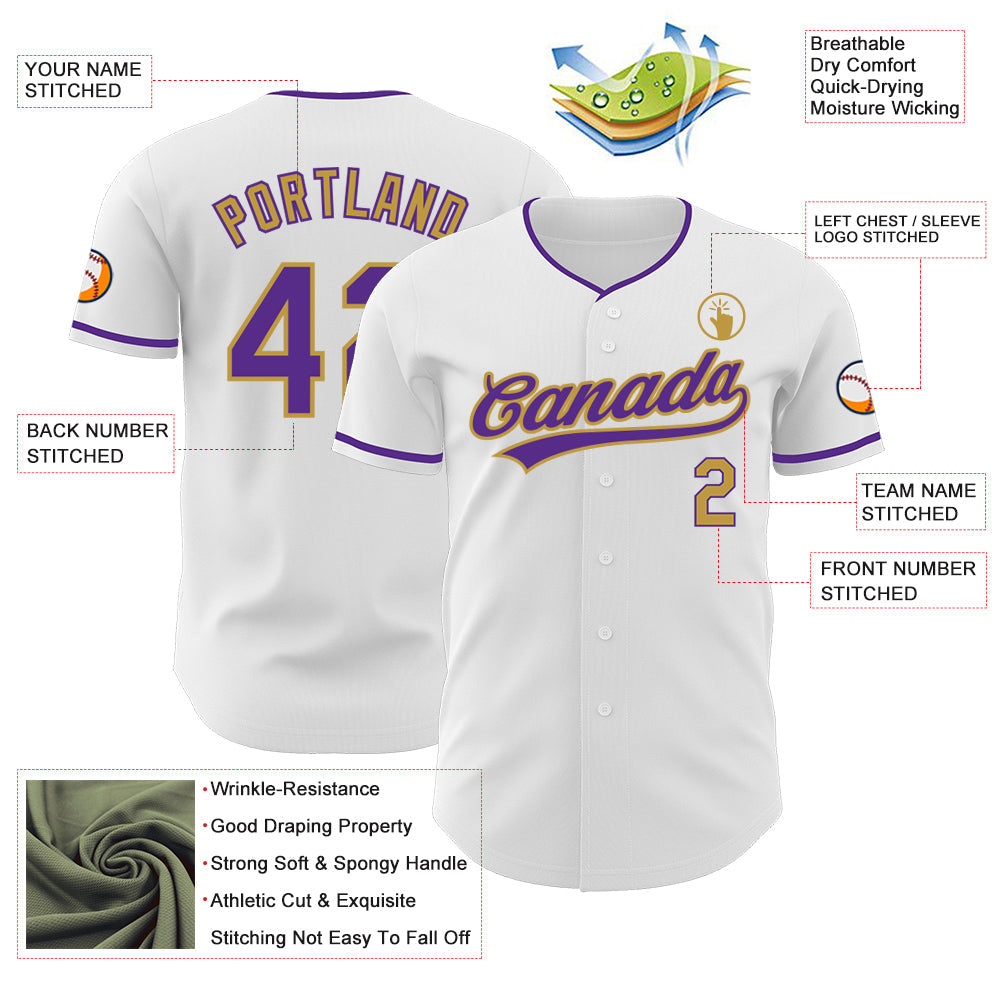 Custom White Purple-Old Gold Authentic Baseball Jersey view 3