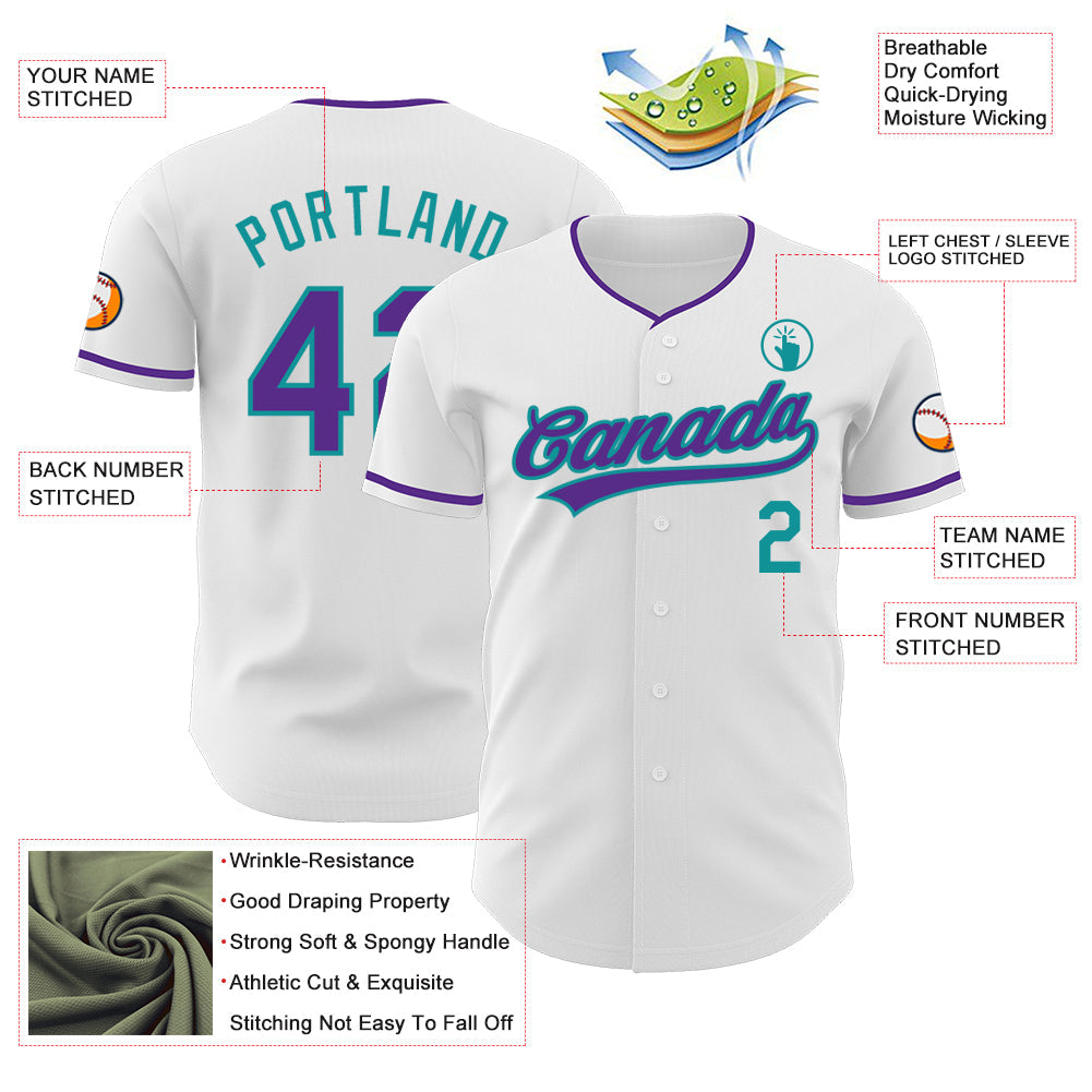 Custom White Purple-Teal Authentic Baseball Jersey view 3