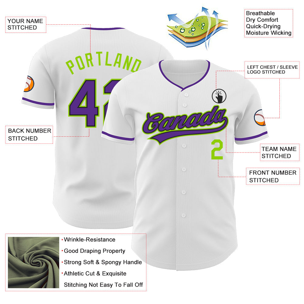 Custom White Purple Black-Neon Green Authentic Baseball Jersey view 3