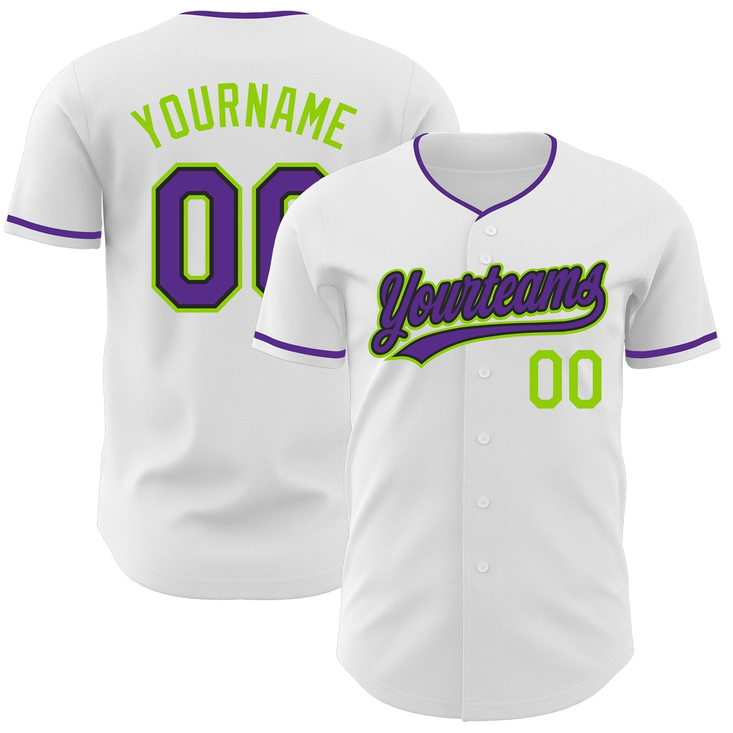Custom White Purple Black-Neon Green Authentic Baseball Jersey - Main View