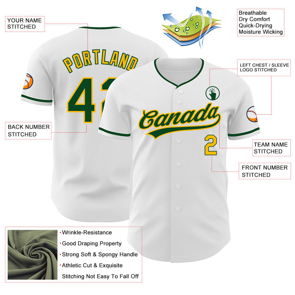 Custom White Green-Gold Authentic Baseball Jersey view 3