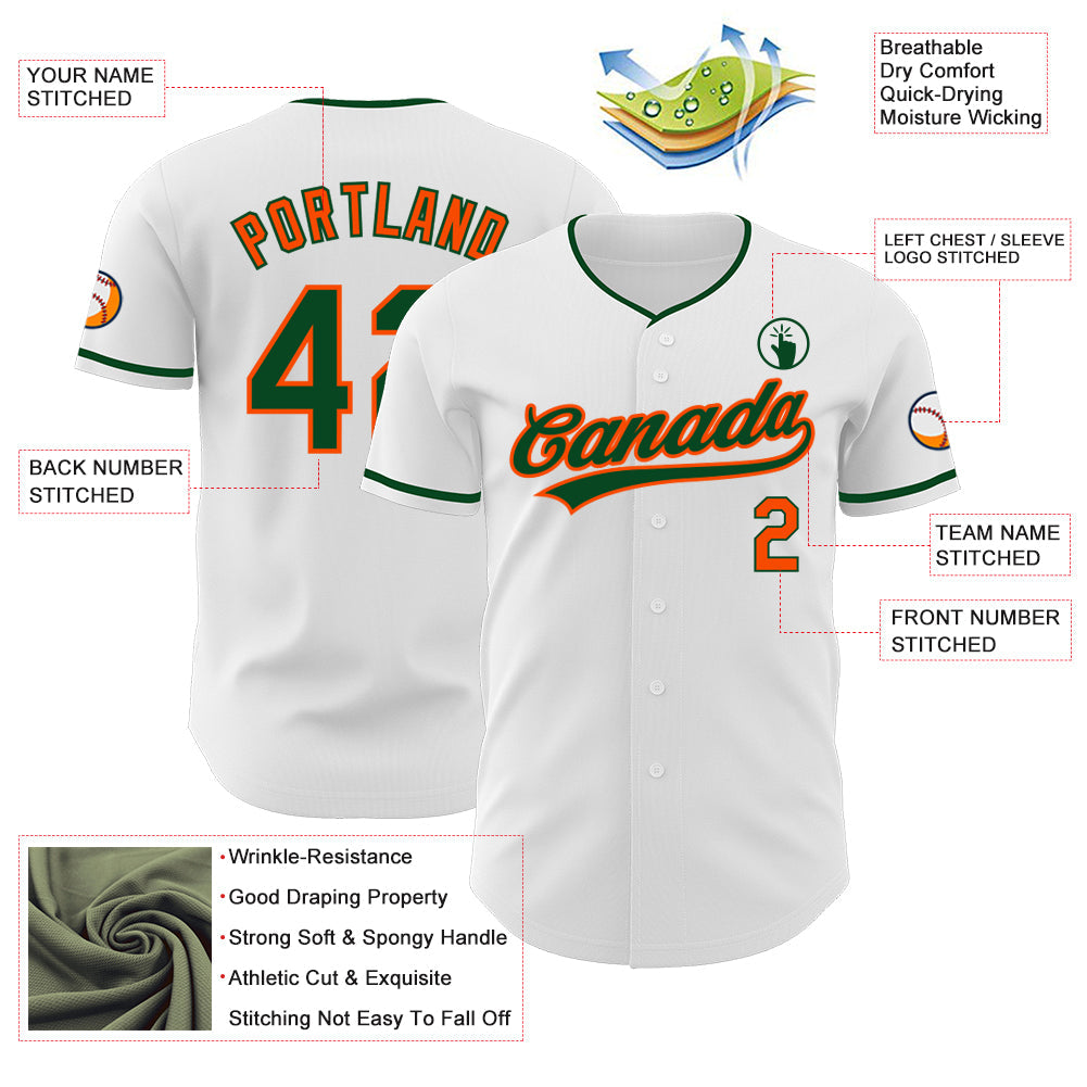 Custom White Green-Orange Authentic Baseball Jersey view 3