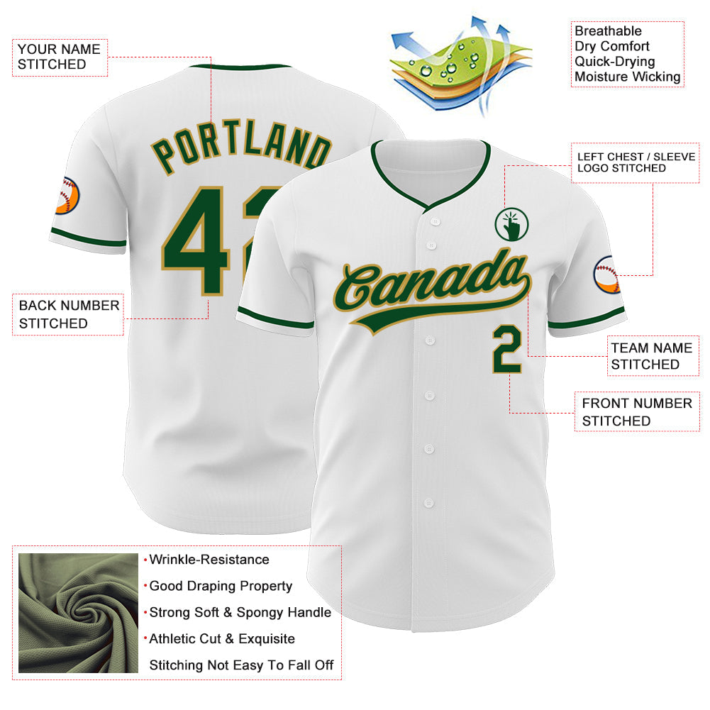 Custom White Green-Old Gold Authentic Baseball Jersey view 3