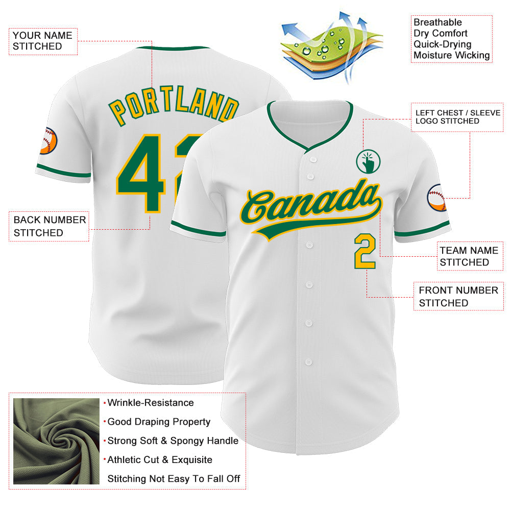 Custom White Kelly Green-Gold Authentic Baseball Jersey view 3