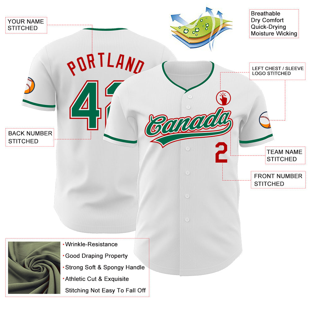 Custom White Kelly Green-Red Authentic Baseball Jersey view 3