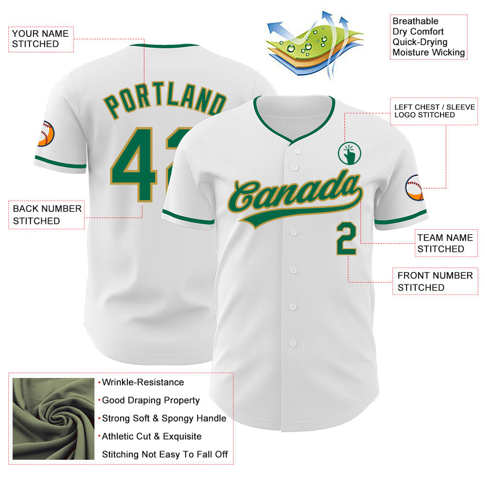 Custom White Kelly Green-Old Gold Authentic Baseball Jersey view 3