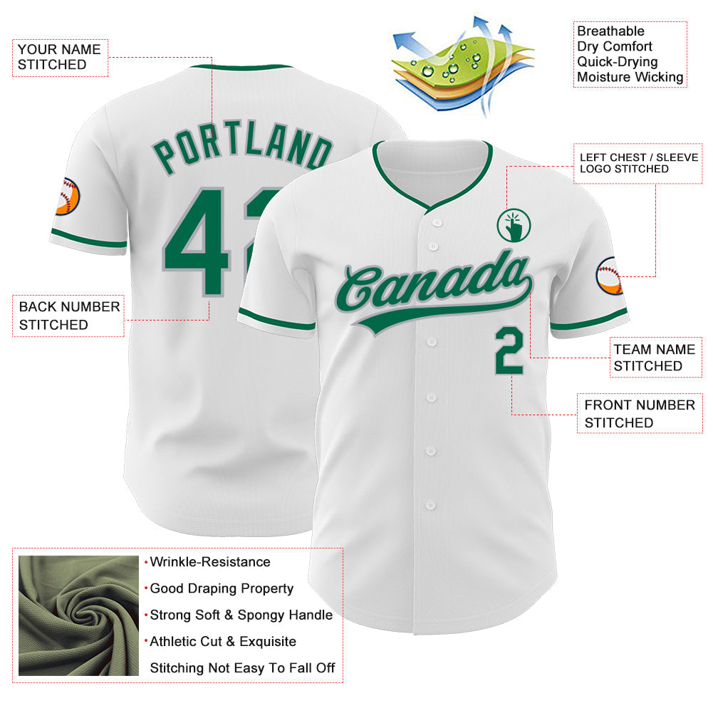 Custom White Kelly Green-Gray Authentic Baseball Jersey view 3