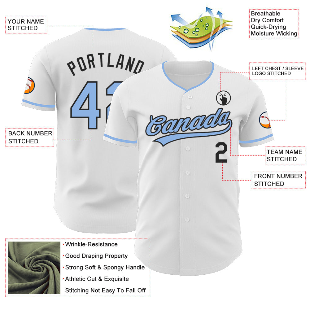 Custom White Light Blue-Black Authentic Baseball Jersey view 3