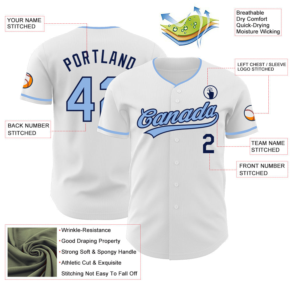 Custom White Light Blue-Navy Authentic Baseball Jersey view 3