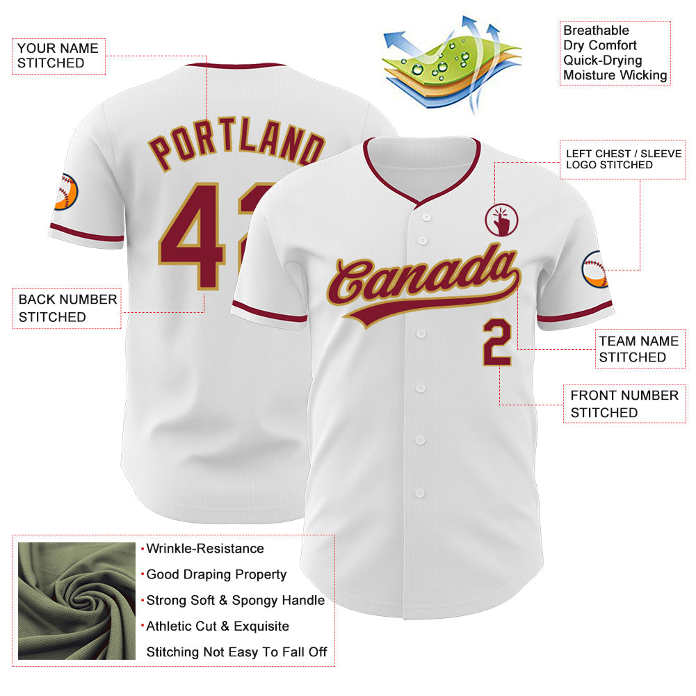 Custom White Crimson-Old Gold Authentic Baseball Jersey view 3