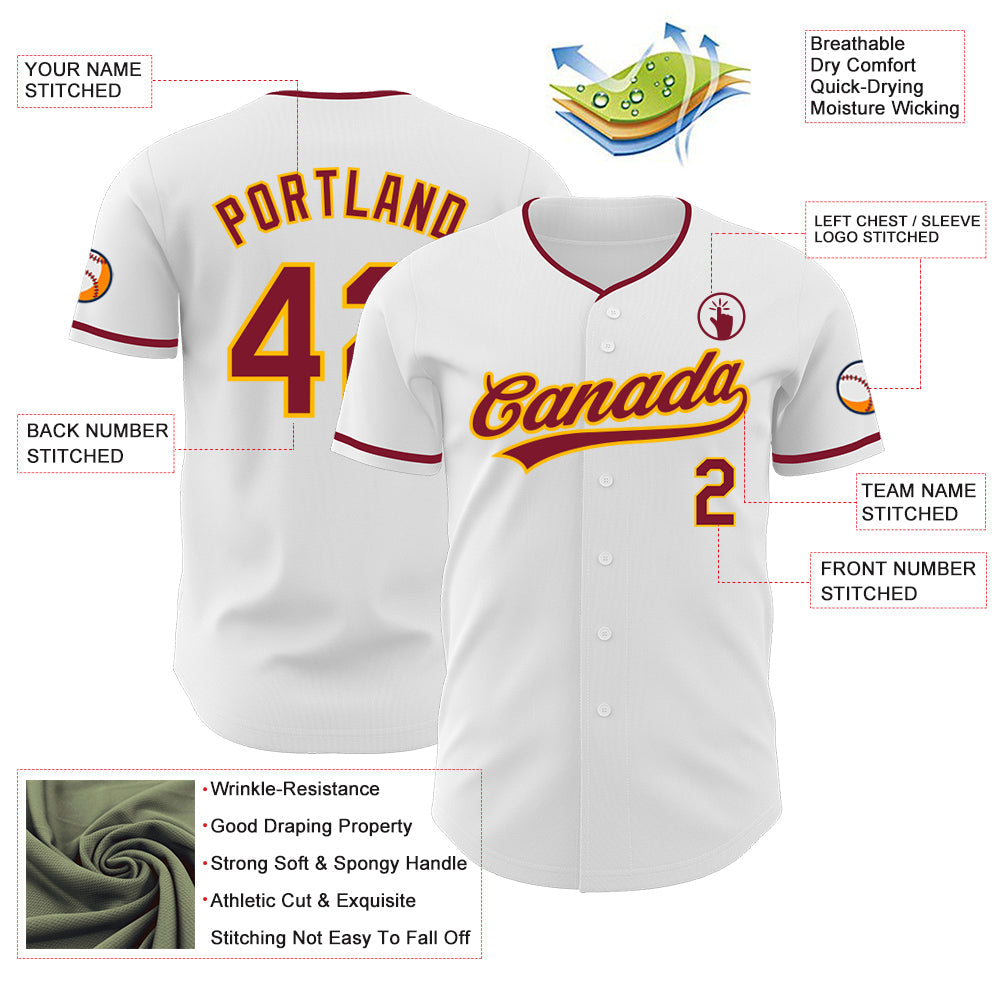 Custom White Crimson-Gold Authentic Baseball Jersey view 3