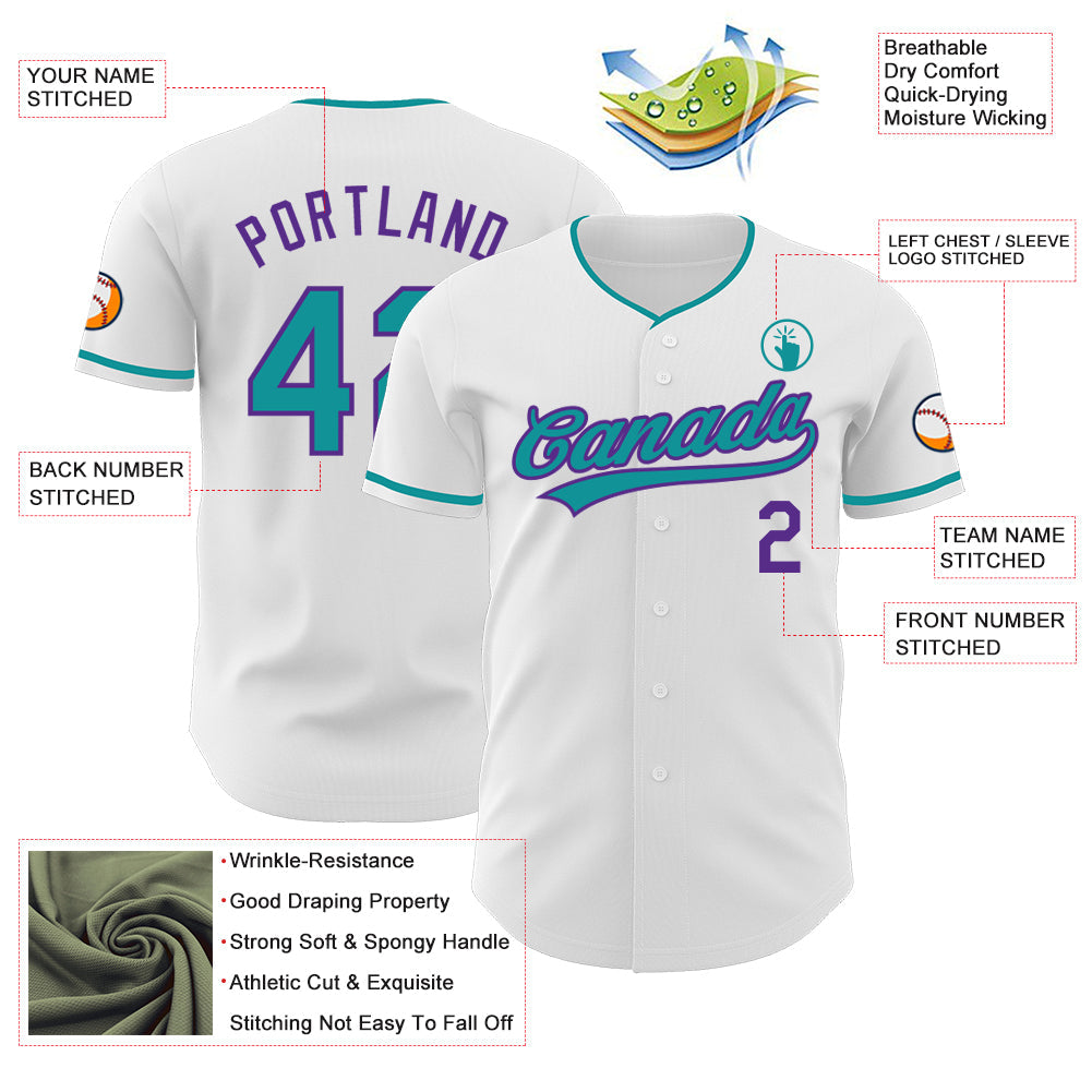 Custom White Teal-Purple Authentic Baseball Jersey view 3