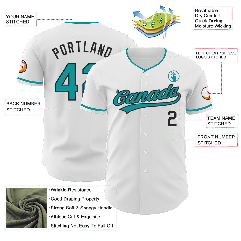 Custom White Teal-Black Authentic Baseball Jersey view 3