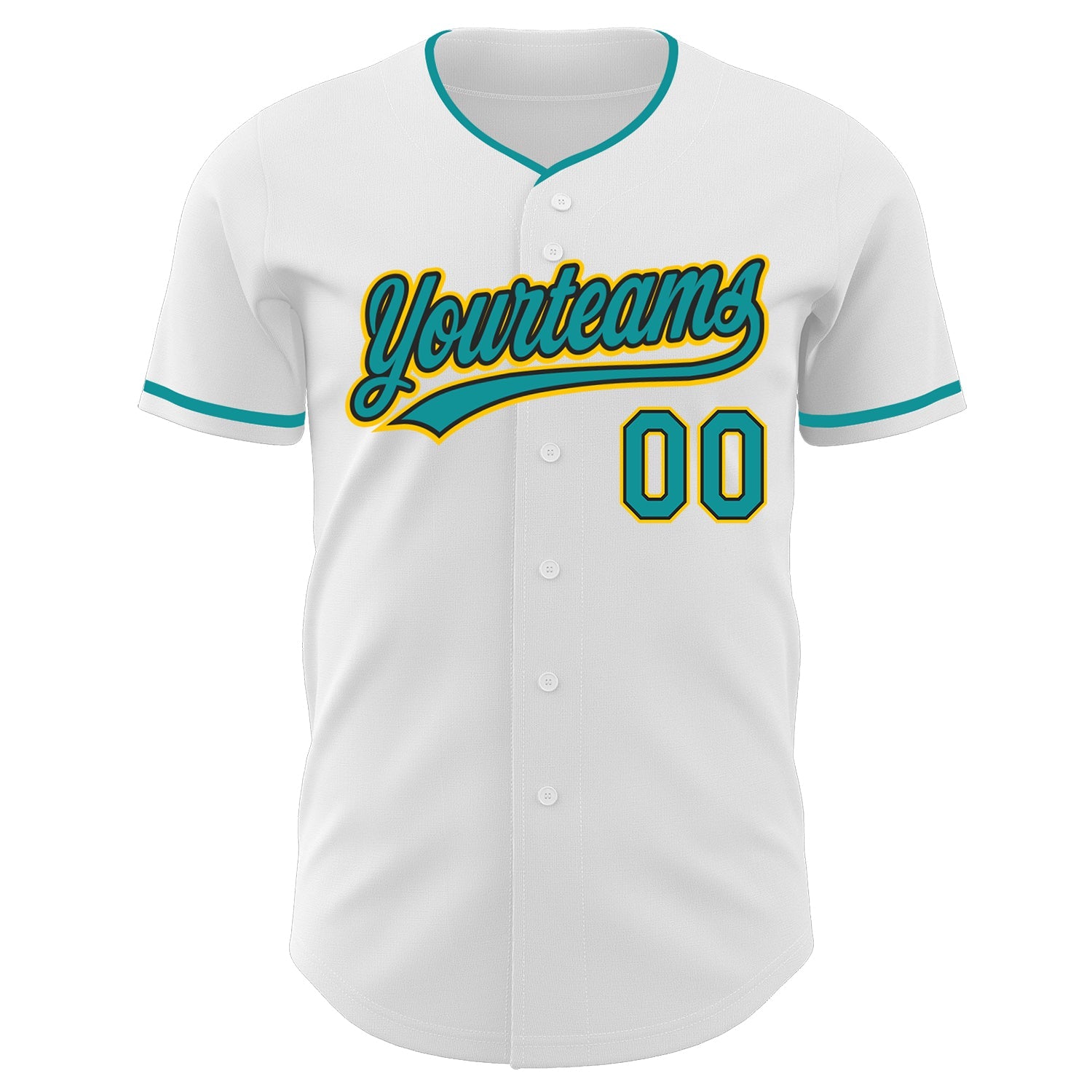 Custom White Teal Black-Yellow Authentic Baseball Jersey view 2