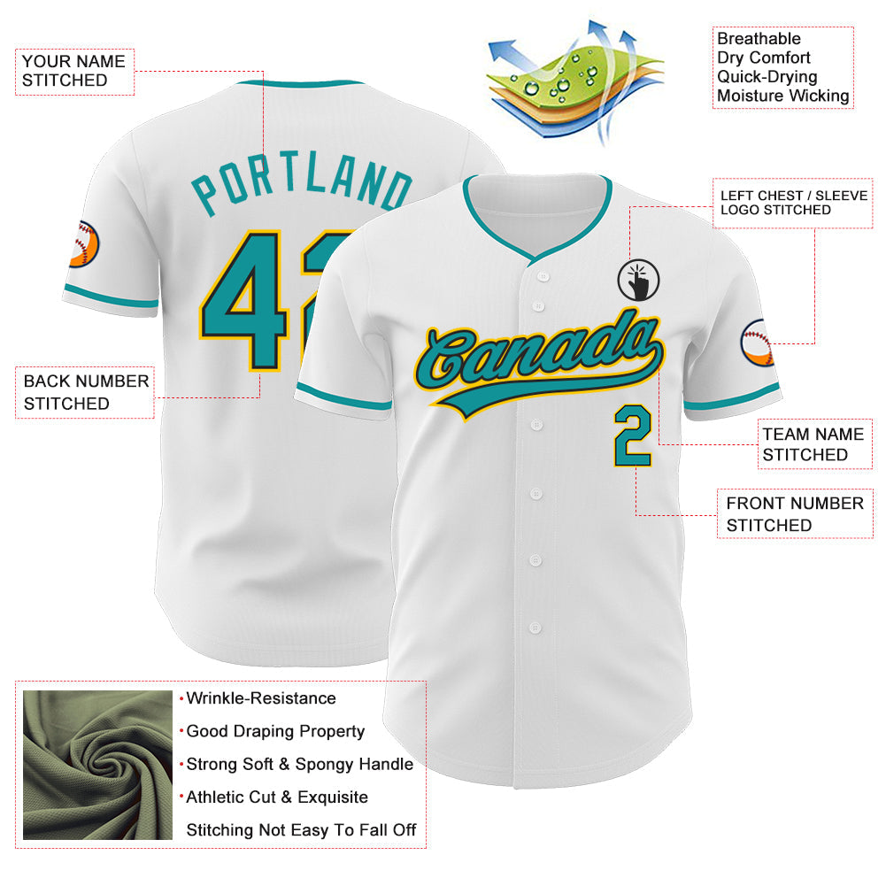 Custom White Teal Black-Yellow Authentic Baseball Jersey view 3