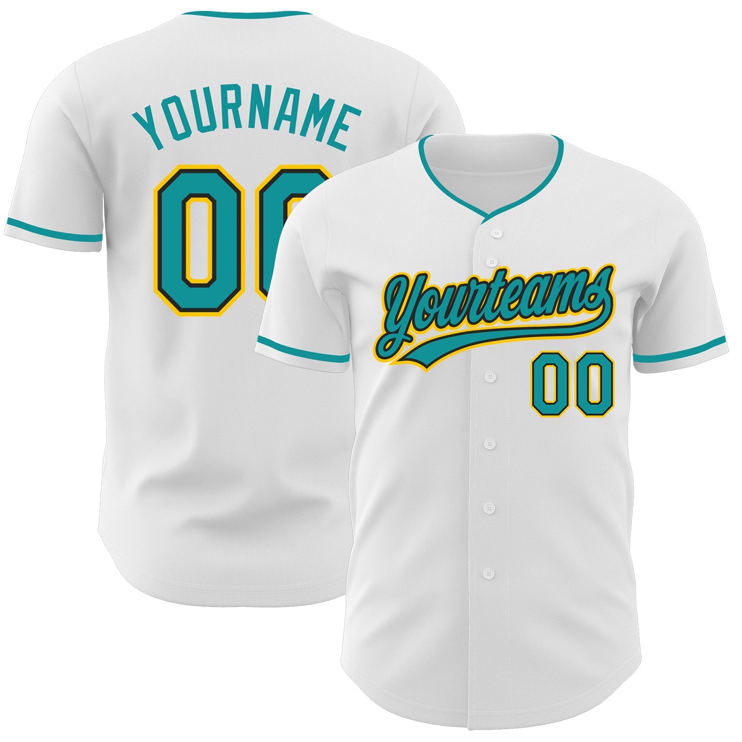 Custom White Teal Black-Yellow Authentic Baseball Jersey - Main View
