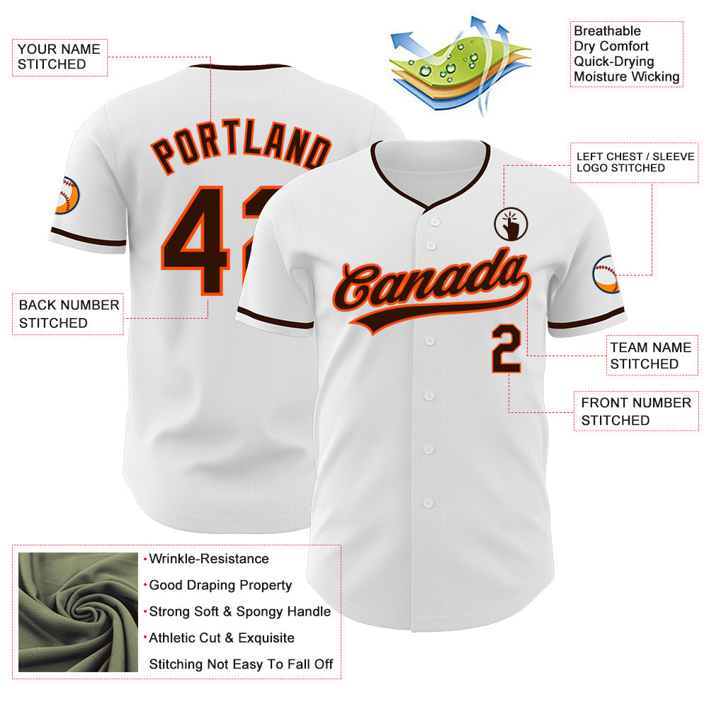 Custom White Brown-Orange Authentic Baseball Jersey view 3