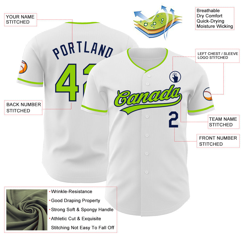 Custom White Neon Green-Navy Authentic Baseball Jersey view 3