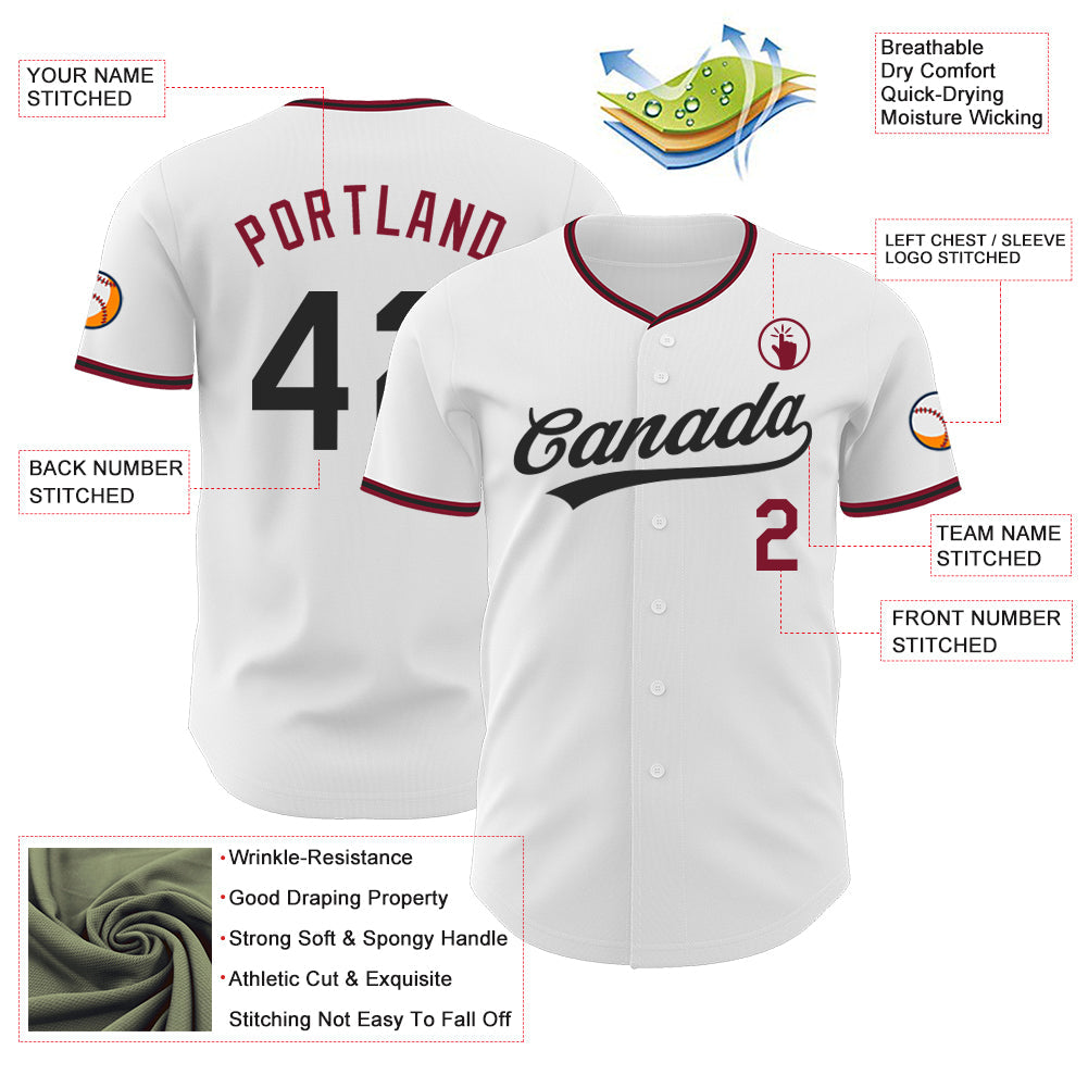 Custom White Black-Crimson Authentic Baseball Jersey view 3