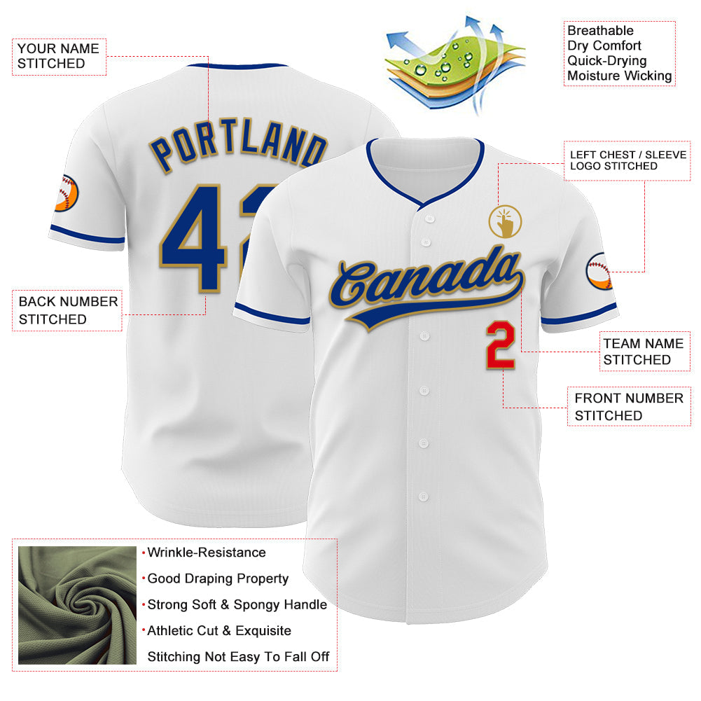 Custom White Fire Red Royal-Old Gold Authentic Baseball Jersey view 3
