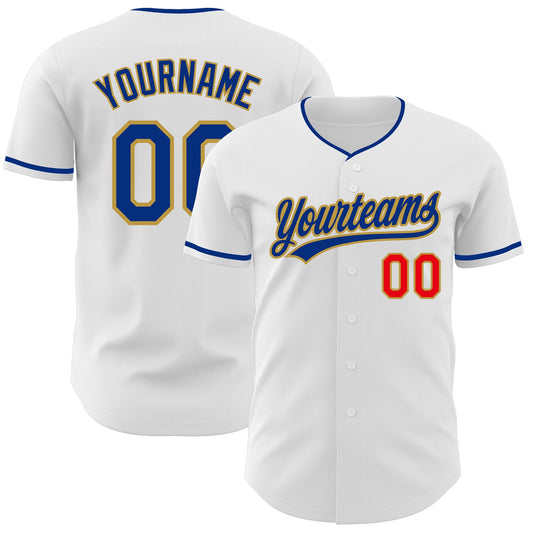 Custom White Fire Red Royal-Old Gold Authentic Baseball Jersey - Main View
