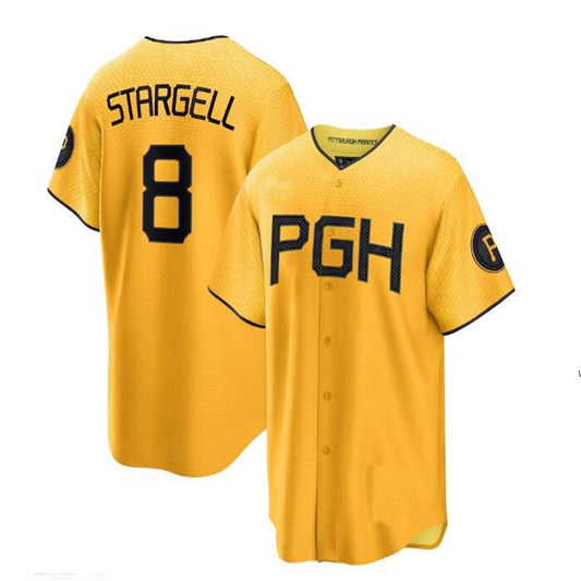 Pittsburgh Pirates #8 Willie Stargell 2023 City Connect Replica Player Jersey - Gold Baseball Jerseys - Main View