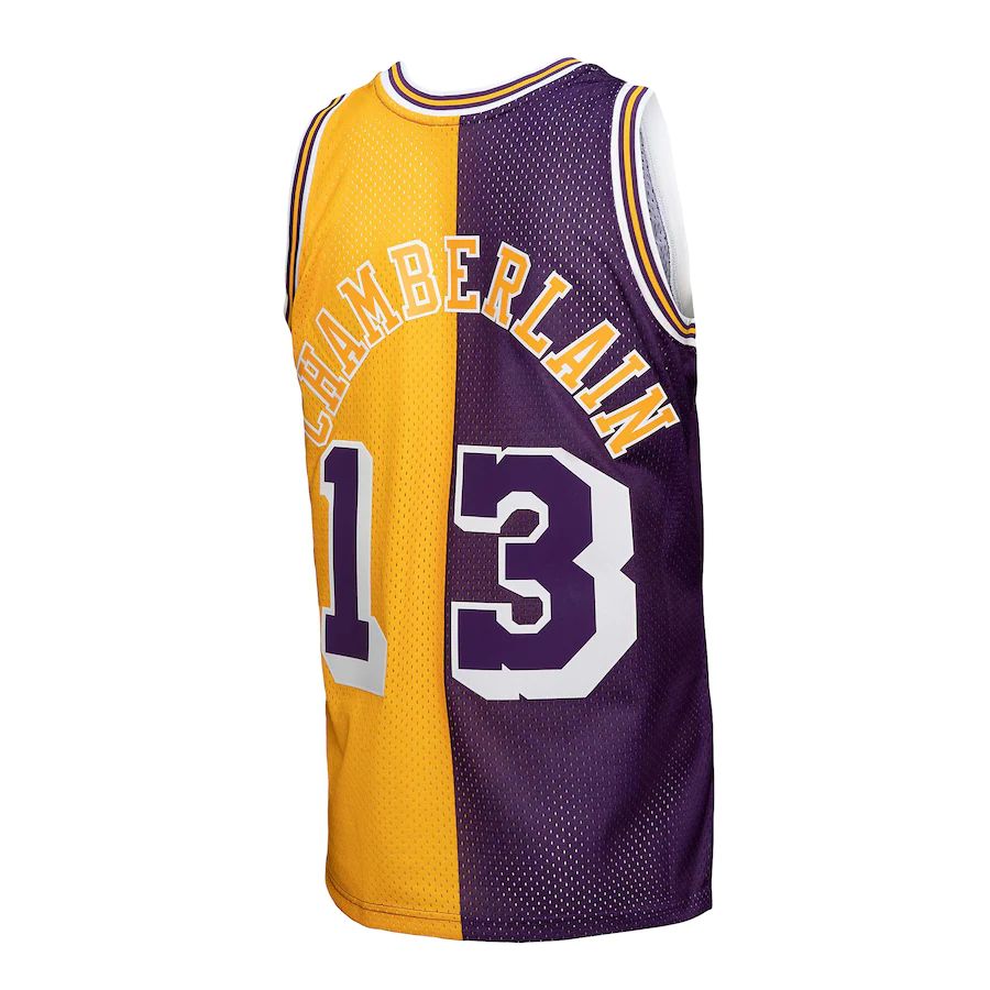 LA.Lakers #13 Wilt Chamberlain Mitchell & Ness Hardwood Classics 1971-72 Split Swingman Jersey Purple Gold Stitched American Basketball Jersey - Main View