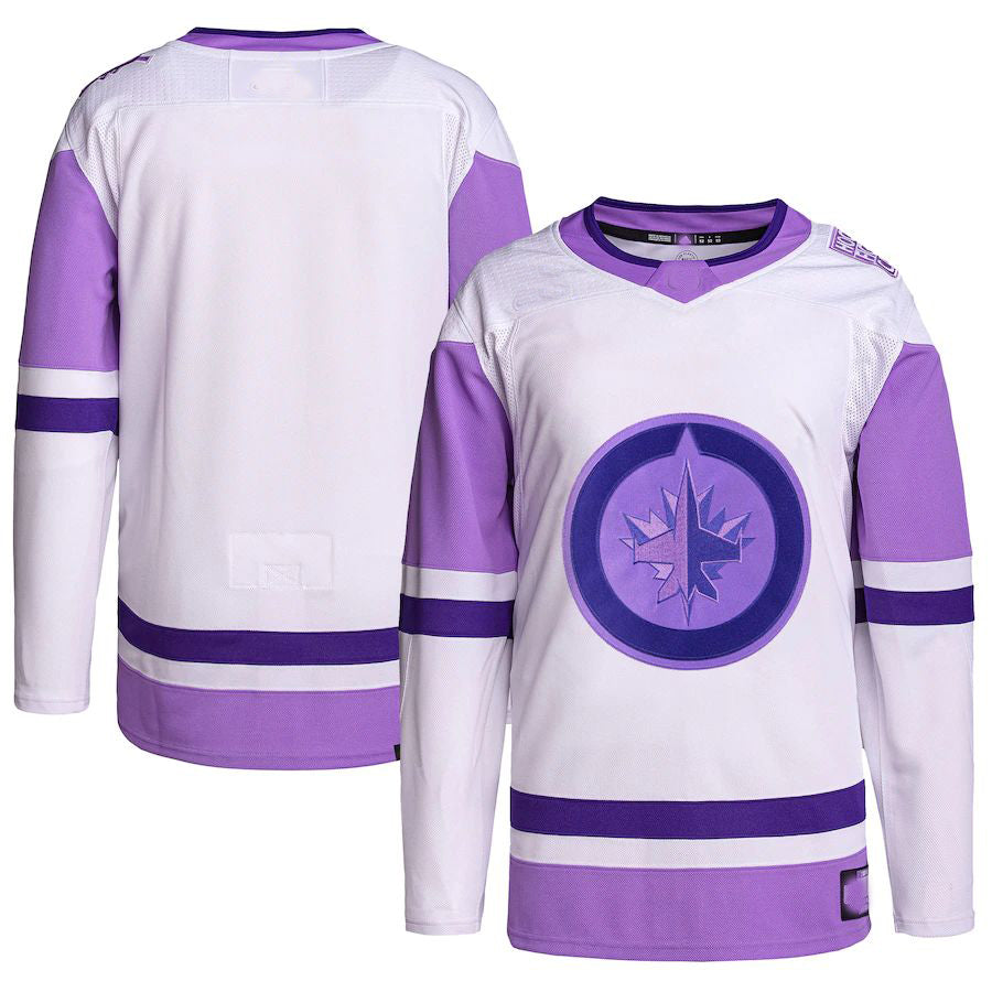 W.Jets Hockey Fights Cancer Primegreen Authentic Blank Practice Jersey White Purple Stitched American Hockey Jerseys - Main View