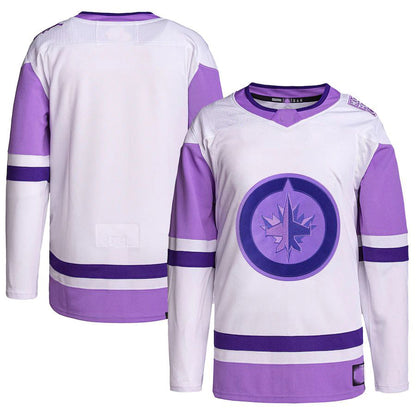 W.Jets Hockey Fights Cancer Primegreen Authentic Blank Practice Jersey White Purple Stitched American Hockey Jerseys - Main View