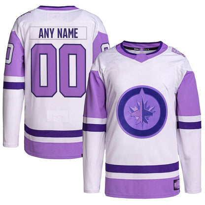 Custom W.Jets Hockey Fights Cancer Primegreen Authentic Jersey White Purple Stitched American Hockey Jerseys - Main View