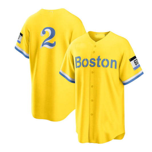 Boston Red Sox  #2 Xander Bogaerts City Connect Replica Player Jersey - Gold Light Blue Baseball Jerseys - Main View