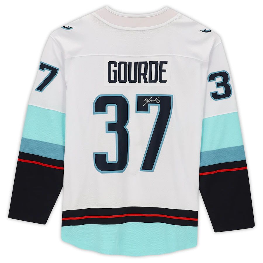 S.Kraken #37 Yanni Gourde Fanatics Authentic Autographed with Inaugural Season Patch White Stitched American Hockey Jerseys - Main View