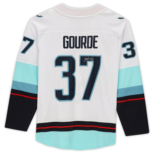 S.Kraken #37 Yanni Gourde Fanatics Authentic Autographed with Inaugural Season Patch White Stitched American Hockey Jerseys - Main View